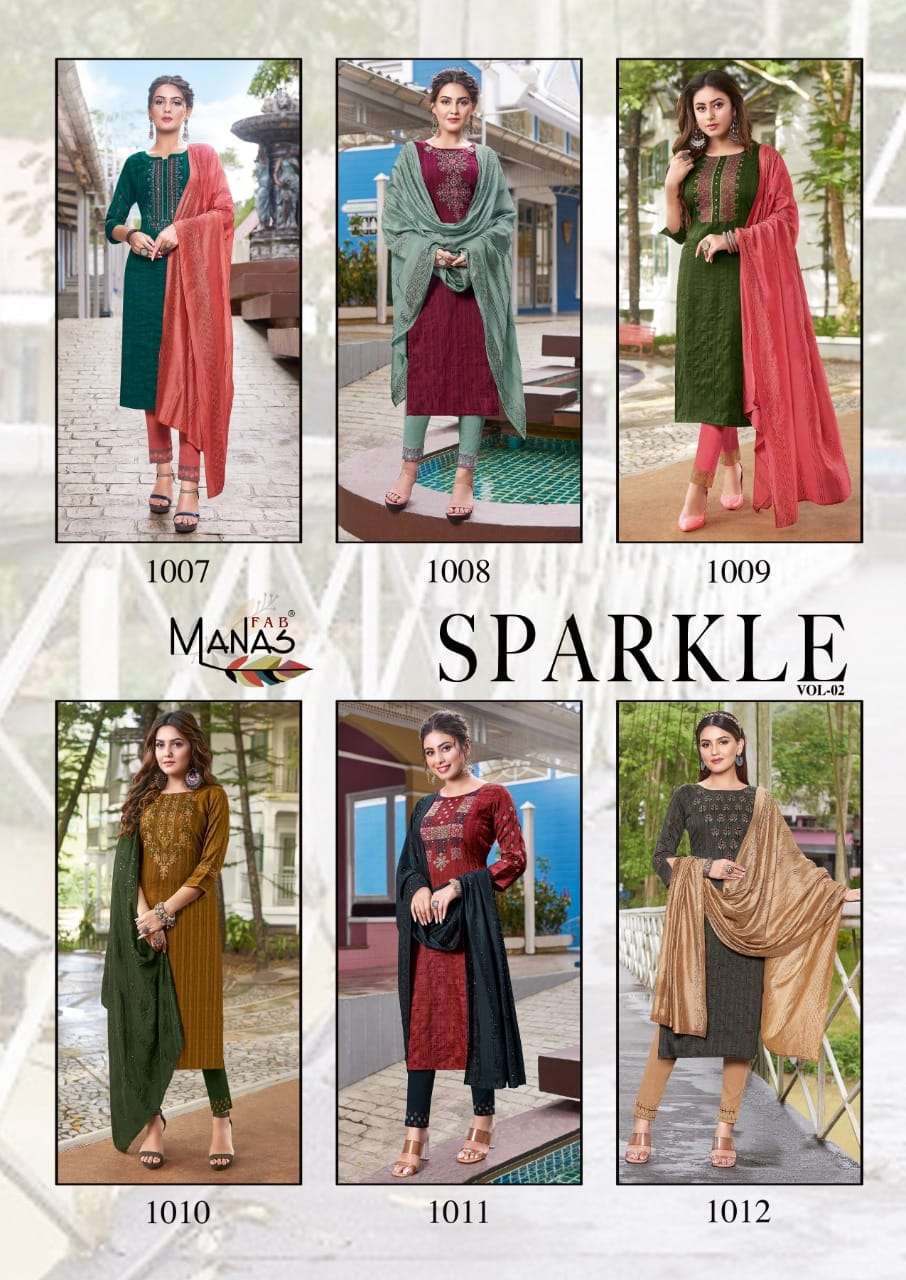 Manas Fab-  Sparkle Vol.2-Fabrics- Chinon Weaving-Embroidery-work-Kurti-Handwork-Full Inner-Rayon Slub Lycra-Pant-Chanderi Viscose-Crochet Work-Dupatta-Index